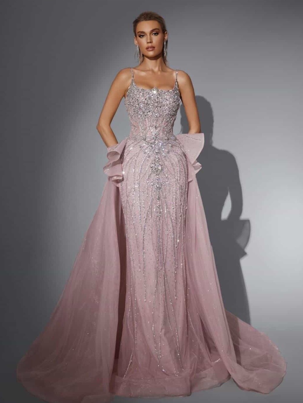 Glamorous Elegant Blush Pink Embellished Evening Gown Couture L (Fits 10-12)